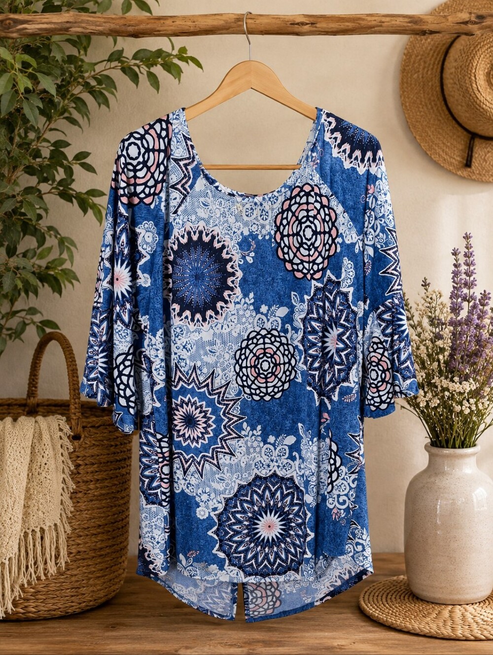 Blue Floral Medallion Scoop-Neck Tunic with Subtle Pink Accents